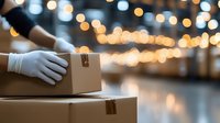 Hands in protective gloves handling cardboard boxes against blurred bokeh lights background, showcasing safe delivery and shipping services during pandemic period.