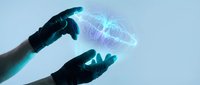 Futuristic robotic hands reaching toward glowing holographic brain with neural networks, artificial intelligence and machine learning concept for technology design.