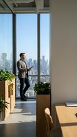 Professional businessman using smartphone in modern office with city skyline view through floor-to-ceiling windows for corporate communication concepts.