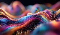 Abstract digital wave pattern with vibrant rainbow colors and glowing particles creating a flowing, dynamic data visualization against dark background.