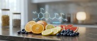 Fresh citrus fruits and berries on kitchen counter with vitamin E molecular structure overlay for nutritional education and healthy eating concepts.