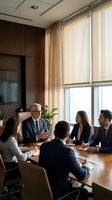 Corporate team meeting in modern office conference room with natural light from floor-to-ceiling windows, featuring diverse professionals in business attire discussing strategy around wooden table.