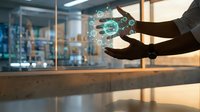 Businessman hands holding futuristic holographic interface with digital icons in modern office environment showcasing advanced technology and innovation.