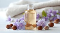 Aromatic essential oil in glass bottle with purple flowers and hazelnuts on wooden surface, ideal for natural skincare and aromatherapy.