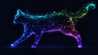 Glowing cat silhouette made of colorful sparkles and light particles against dark background, rainbow spectrum colors from blue to purple creating magical effect.