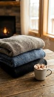 Cozy winter scene with stacked knit sweaters and hot chocolate with marshmallows on wooden table, fireplace and window in background for seasonal lifestyle content.