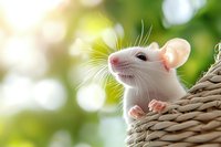 Curious white pet rat peeking out from woven basket against blurred green nature background with soft bokeh lights and sunflare effect.