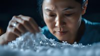 Young Asian woman gently blowing on delicate white lace fabric in dramatic lighting, creating an ethereal and dreamy atmosphere with soft focus and blue tones.