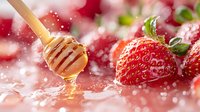 Fresh ripe strawberries with golden honey dripping from wooden dipper, captured in magical light with bokeh effect and water droplets creating dreamy atmosphere.