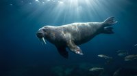 Majestic walrus swimming underwater with sunbeams piercing through deep blue ocean water, marine mammal wildlife in natural aquatic habitat.