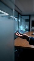 Businessman hand displaying holographic cybersecurity shield icons in modern office environment for data protection and digital security solutions.
