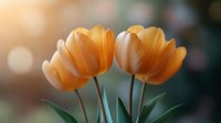 Orange tulip flowers bloom against blurred dark background with soft bokeh light effect, showcasing delicate petals and green stems in spring garden.
