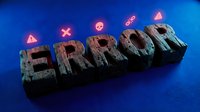 Error message displayed with glowing neon symbols floating above textured metal blocks on blue background, representing system failure and digital problems.