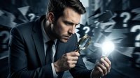 Focused businessman examining documents with magnifying glass surrounded by floating question marks in dramatic lighting for problem-solving concepts.