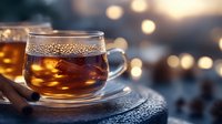 Glass cup of hot aromatic tea with cinnamon stick on dark background with bokeh lights creating cozy atmosphere for winter relaxation and warmth.