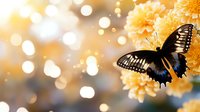 Black butterfly with white spots resting on yellow chrysanthemum flowers against warm golden bokeh background for nature and garden design projects.