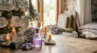 Cozy spa wellness setup with lavender essential oil bottles, burning candles, dried herbs and crystals on rustic wooden table for relaxation and aromatherapy.