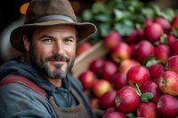 Mature Caucasian farmer with beard and hat smiling near fresh harvested red apples at local market. Natural organic farming and agriculture concept.