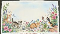 Three playful kittens among roses, lavender, and wildflowers with butterflies, painted in soft watercolor tones on a white background.