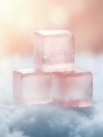 Frosted pink ice cubes stacked in ethereal composition against misty background, creating soft dreamy atmosphere with delicate rose-tinted glow and crystalline texture.