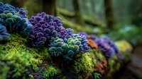 Vibrant clusters of purple and blue fungi growing on moss-covered log in forest setting, showcasing nature's colorful biodiversity in woodland ecosystem.