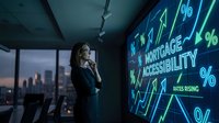 Young woman with blonde hair, wearing dark business attire, speaking into microphone during corporate presentation. Neon green financial data and percentage symbols displayed on screen behind her. Modern office setting with city skyline visible through windows at dusk. Suitable for business, finance, corporate training, and financial services marketing materials.