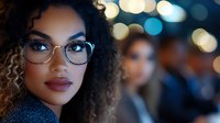 Young African American businesswoman with curly hair and glasses in professional setting against blurred bokeh background, confident expression and modern style.