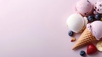 Fresh strawberry and blueberry ice cream scoops in waffle cone with scattered berries and nuts on pink background, summer dessert concept for menu design.