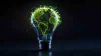Glowing green Earth map inside light bulb on dark background, environmental concept showing sustainable energy and ecological innovation.