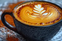 Creamy latte art in black textured ceramic cup with leaf pattern design on golden coffee surface.