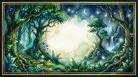 Enchanted forest watercolor frame with glowing trees, crescent moon, stars, mushrooms, ferns, and waterfall, forming a magical night scene border.