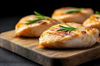 Grilled chicken breast with rosemary garnish on wooden cutting board against dark background, close up view showing juicy texture and golden sear marks.