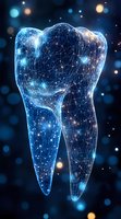 Glowing digital molar tooth with connected dots and lines forming network pattern on dark blue background with bokeh lights and sparkles. For dental technology concept.