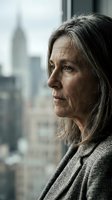 Mature woman with long gray hair and Caucasian ethnicity gazing thoughtfully from high-rise window overlooking urban skyline for contemplation and lifestyle concepts.