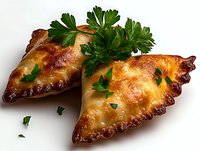 Golden baked empanadas with flaky crust garnished with fresh parsley leaves on white background, close up view of traditional Latin American pastries.