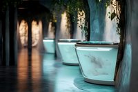 Glowing turquoise planters line dark corridor with dramatic shadows and hanging vines creating mysterious atmospheric mood for luxury interior design.