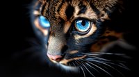 Close up portrait of Bengal cat with intense bright blue eyes and striped fur pattern against dark background, dramatic lighting highlights facial features.
