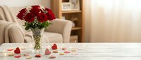Red roses in crystal vase with scattered heart decorations on white wooden table in cozy living room interior for romantic occasions and celebrations.