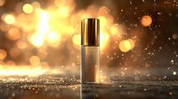 Luxurious gold cosmetic bottle on sparkling surface with magical bokeh lights and glowing particles in warm golden atmosphere. Premium skincare product display.