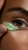 Close-up of young Hispanic woman applying green under-eye hydrogel patch for skincare treatment, showing brown eye with long eyelashes and defined eyebrow.