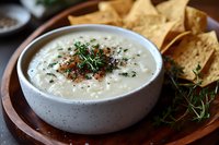 Creamy white dip garnished with fresh herbs and spices served in ceramic bowl with crispy tortilla chips on rustic wooden platter, close-up food photography.