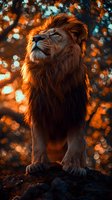 Majestic male lion standing proudly on rock at sunset, illuminated by warm orange backlight with dreamy bokeh background creating dramatic wildlife portrait.