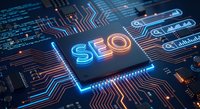 Digital circuit board with glowing SEO text on microchip processor for search engine optimization and web marketing technology concepts.