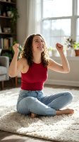 Happy young woman celebrating success sitting cross-legged on living room floor with raised fists expressing joy and achievement in bright home interior.