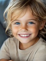 Smiling young child with bright blue eyes and wavy blonde hair wearing casual beige top, close-up portrait with soft natural lighting and blurred background.