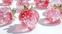 Crystal clear glass strawberries in pink and red tones with green leaves scattered on white surface casting soft shadows, decorative art objects.