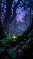Enchanted forest scene with glowing firefly on moss-covered tree trunk creating magical atmosphere in misty woodland during twilight hours for fantasy concepts.