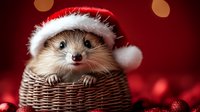 Adorable hedgehog wearing red Santa hat sitting in wicker basket against festive red background with bokeh lights and Christmas ornaments.