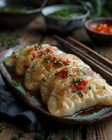 Pan-fried Asian dumplings garnished with chili flakes, green onions and soy sauce served on ceramic plate with chopsticks. Dark moody food photography.