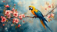 Blue and gold macaw perched on blooming cherry blossom branch against dreamy turquoise sky background, watercolor style artwork showcasing vibrant tropical bird and delicate flowers.